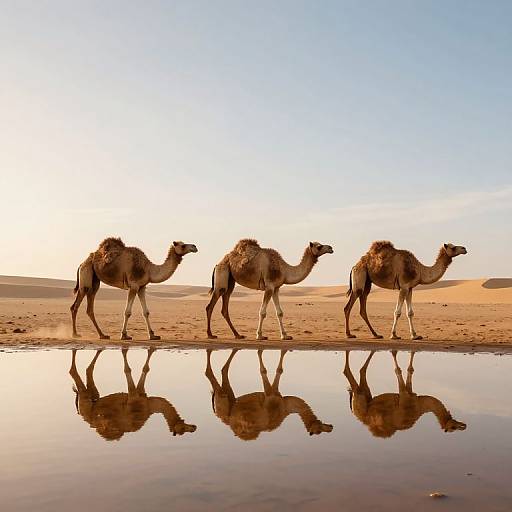 Photograph of three camels walking in a desert, their reflections mirrored in a shallow water puddle, under a clear blue sky.
