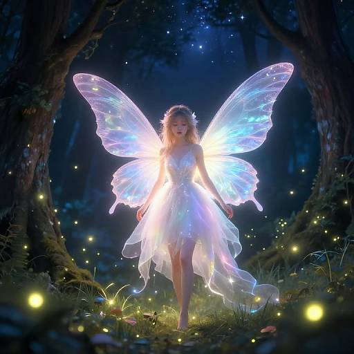 Photograph of a glowing fairy with translucent, luminescent wings in a moonlit forest, wearing a white, ethereal dress, surrounded by twink