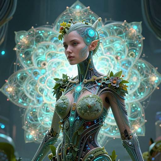 Cybernetic Woman with Botanical Neural Designs