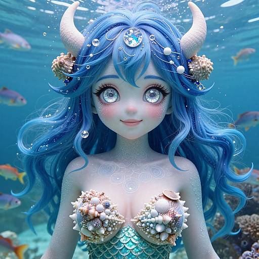 Digital CGI of a mermaid with glowing blue eyes, long blue hair, white horns, seashell bra, underwater with colorful fish.