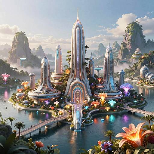 Digital art of a futuristic, glowing city with towering, neon-lit spires surrounded by a lush, vibrant landscape, colorful flowers, and reflective water