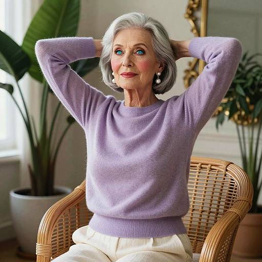 Photograph of an elderly woman with short gray hair, blue eyes, wearing a lavender sweater and white pants, seated in a wicker chair, hands
