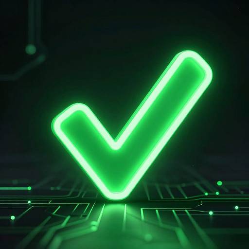 Digital neon green checkmark glowing against a dark background with circuitry patterns, resembling a high-tech, futuristic interface.