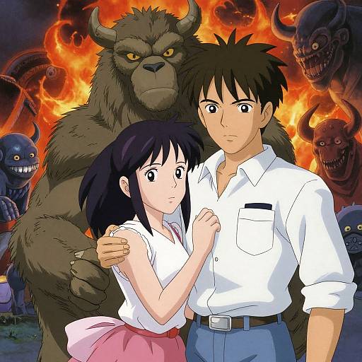 Anime-style illustration of a young couple with black hair, wearing white shirts, standing protectively in front of a large, fierce minotaur, surrounded