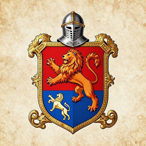 Colorful digital illustration of a heraldic shield with a silver helmet atop, featuring a red upper half with a roaring lion and a blue lower half with