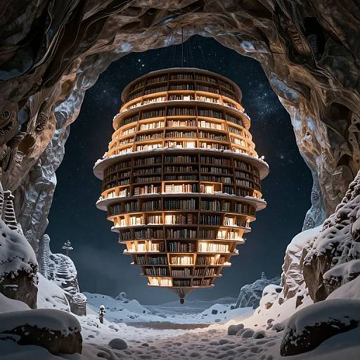 Photorealistic CGI of a glowing, multi-tiered space station hanging through a snowy, rocky cave entrance under a starry night sky.