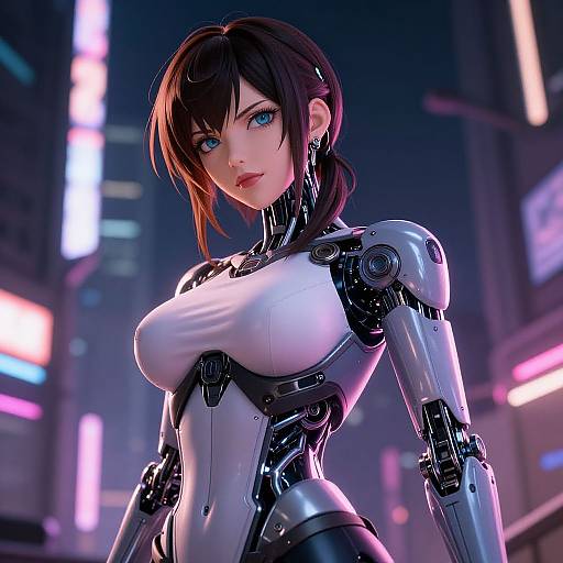CGI cyberpunk artwork of a sexy, blue-eyed, brown-haired woman with large breasts in a futuristic, black-and-white robotic bodysuit,