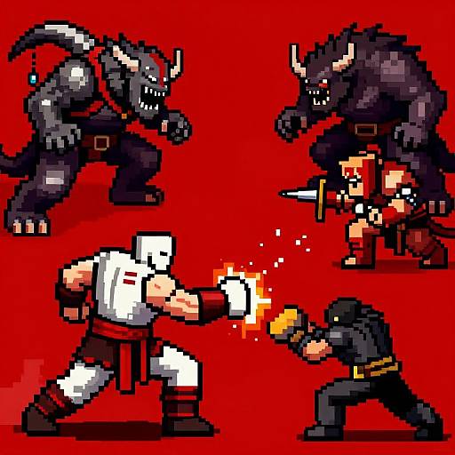 Pixel art battle: white-armored warrior shoots fire, facing black-robed rogue, two monstrous beasts with horns and claws, red background.