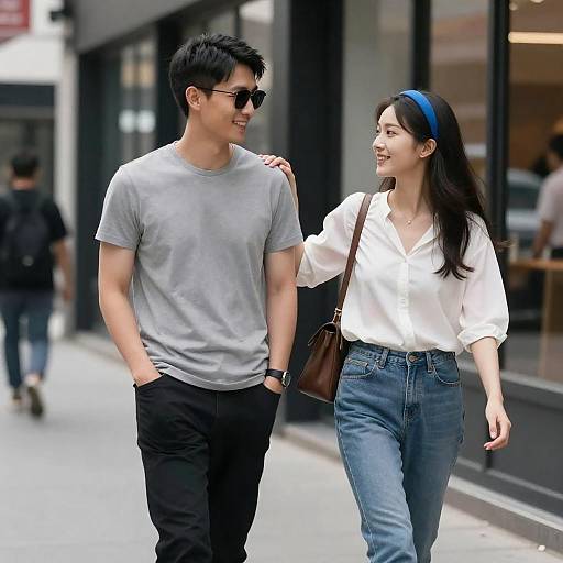 Couple Walking on City Sidewalk