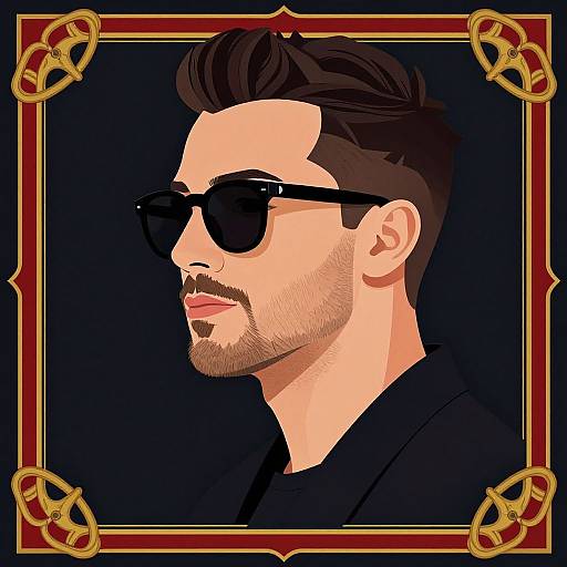 Digital portrait of a handsome man with dark hair, beard, black sunglasses, and black shirt, framed with ornate gold and red border.