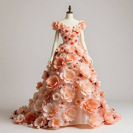 Photograph of a mannequin wearing a full-length, pink floral gown adorned with large, realistic, peach-colored flowers, set against a plain white