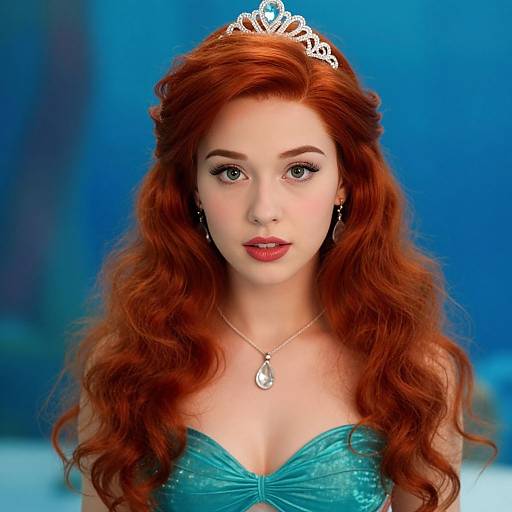 Digital artwork of a fair-skinned, red-haired princess with long, wavy hair, wearing a silver tiara, teal strapless dress, and