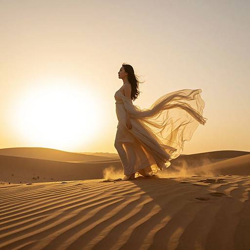 Photograph of a woman in flowing white dress, silhouetted against a golden sunset, dancing in a rippled desert sand dune.