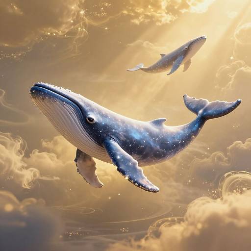 Celestial Stardust Whales in Golden Sky
