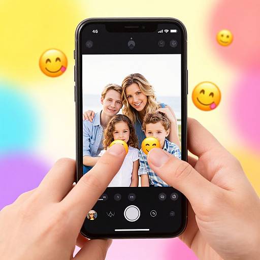 Photograph of a family selfie on a smartphone, with yellow smiley face stickers on fingers, against a colorful gradient background.