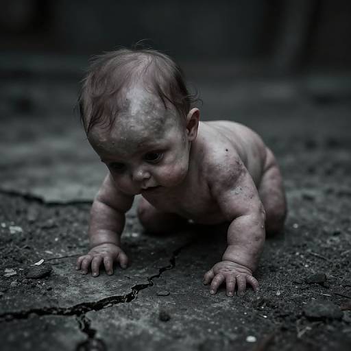 Photograph of a dirty, crawling baby with sparse hair, on a cracked, dark, textured ground, in a dimly lit, moody setting