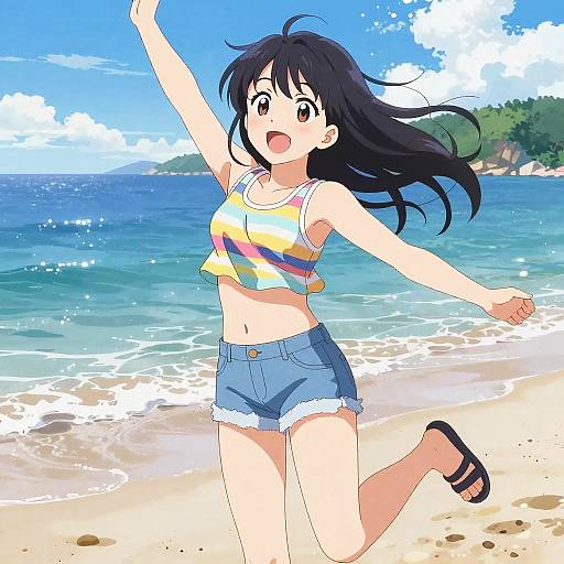 Energetic Anime Girl on Beach