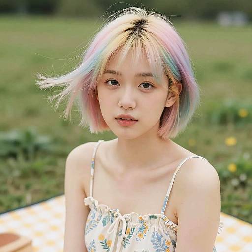 Photograph of an Asian teenage girl with pastel-colored, shoulder-length hair, wearing a floral sundress, sitting outdoors on a grassy field.