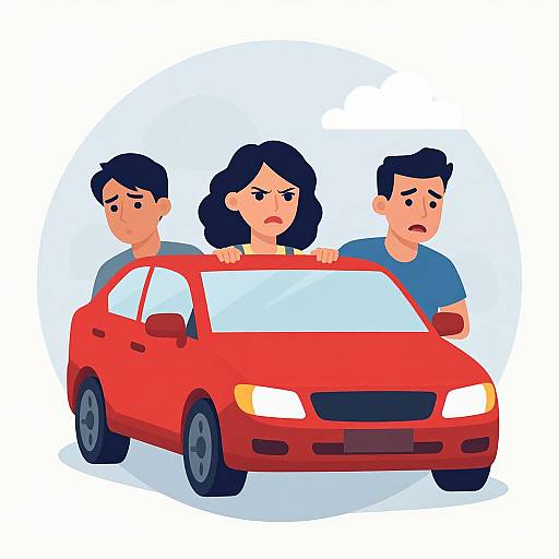 Cartoon illustration of three annoyed people, one male and two females, leaning out of a red car, expressing frustration.