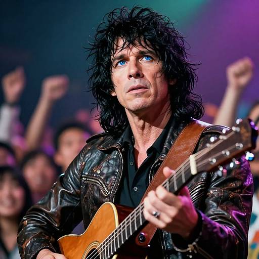 Photograph of a middle-aged man with black, wavy hair, blue eyes, wearing a black leather jacket, playing an electric guitar on stage,