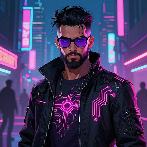 Cyberpunk Hacker in Neon Cityscape