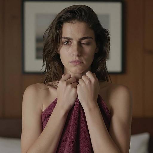 Woman Wrapped in Maroon Towel with Neutral Expression