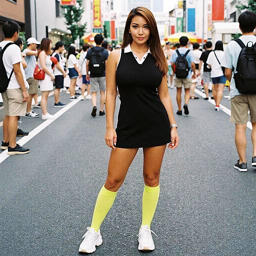 Photograph of a confident Asian woman in a black sleeveless dress, yellow knee-high socks, and white sneakers, standing in a busy urban street with