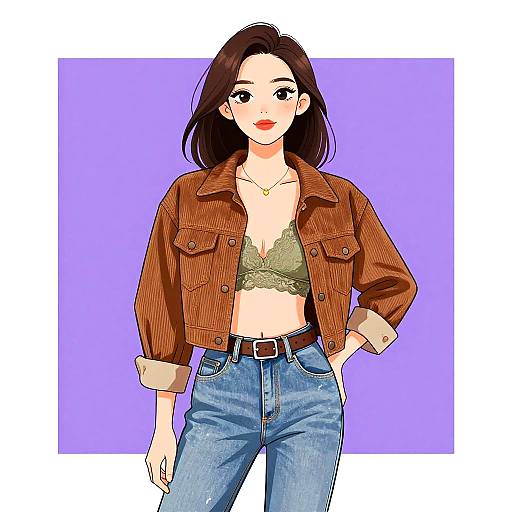 Digital anime-style drawing of a young woman with medium-length brown hair, wearing a green lace bra, brown jacket, and blue jeans, against a purple