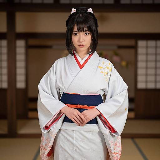 Photograph of a young Japanese woman in a white kimono with red trim, blue obi, and floral patterns, standing indoors in a traditional wooden