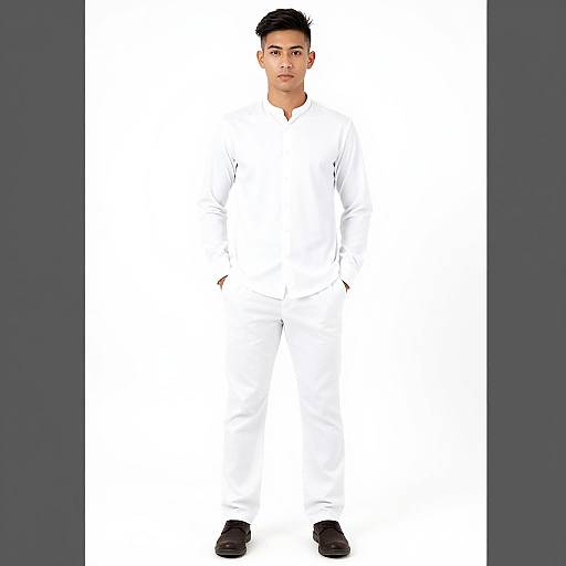 Photograph of a young man with short black hair, wearing a white jumpsuit and black shoes, standing against a white background.