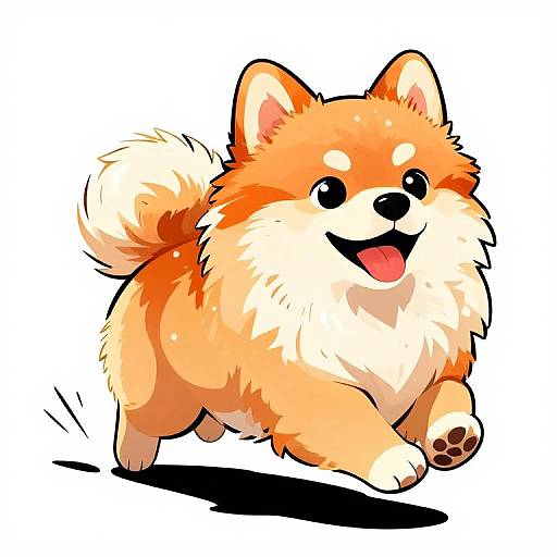 Cute digital illustration of an orange and white fluffy Shiba Inu puppy with a wagging tail, large black eyes, and an open mouth smile