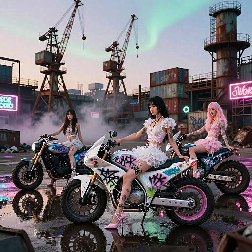 Cyberpunk Motorbike Girl Gang in Industrial Scrap Yard