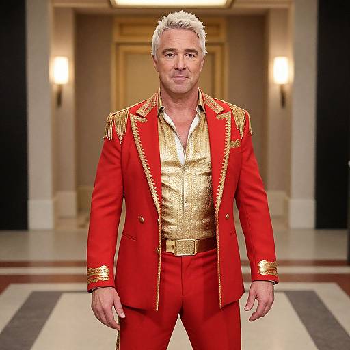 Photograph of a mature man with white hair, wearing a red jacket with gold epaulettes and buttons, over a gold shirt, standing in