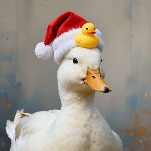 Photograph of a white duck wearing a red Santa hat with a yellow rubber duck on its head, against a blurred gray background.