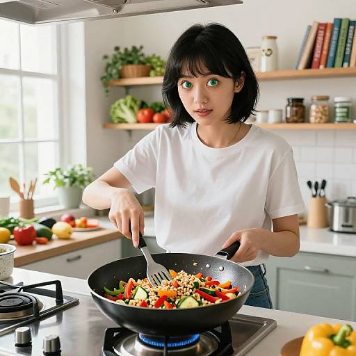 Asian woman with short black hair, green eyes, white shirt, cooks colorful stir-fry in black pan on modern kitchen stove.