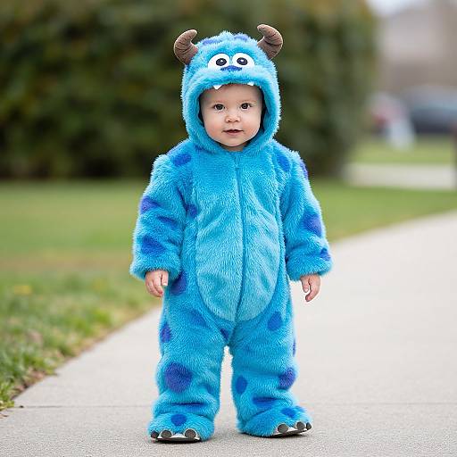 Photograph of an adorable baby in a bright blue, fuzzy, dinosaur costume with horns and black claws, standing on a sidewalk in a blurred green park