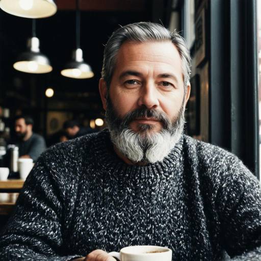 Middle-Aged Man with Beard in Coffee Shop