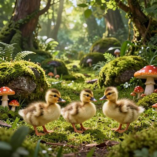 Photograph of three fluffy yellow ducklings with black markings standing on a sunlit forest floor, surrounded by moss, ferns, and red-capped