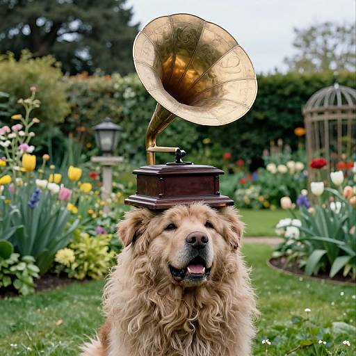 Photograph of a golden retriever with curly fur, happily sitting in a colorful garden, with a vintage gramophone horn on its head.