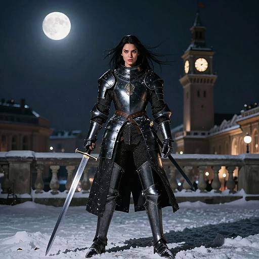 Photograph of a fierce, dark-haired knight in shiny black armor, holding a sword, standing in a snowy nighttime city plaza under a bright full moon
