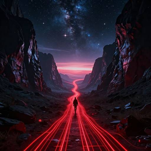 Digital art: Silhouetted figure walks along glowing red neon lines through a starry, cosmic canyon at twilight, surrounded by towering rock formations.