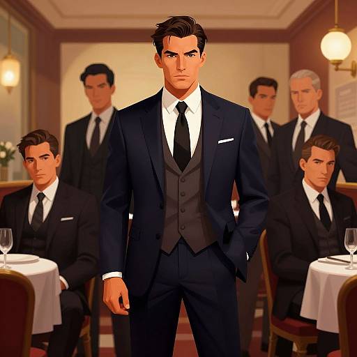 Digital art of a handsome man in a black suit, white shirt, and black tie, standing confidently in a dimly lit, elegant restaurant, surrounded