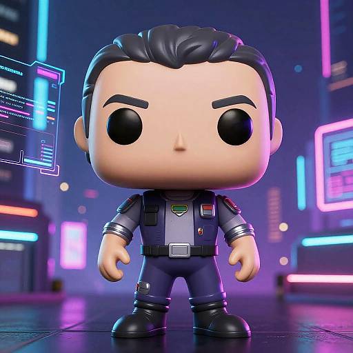 Chibi-style digital figure of a male superhero with black hair, large black eyes, wearing a dark jumpsuit, standing in a neon-lit futuristic