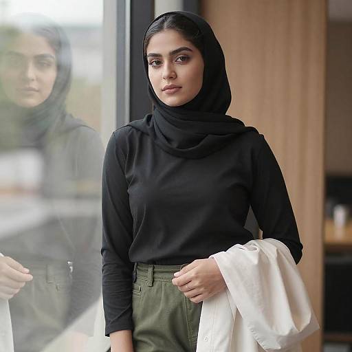 Photograph of a young South Asian woman with dark hair in a black hijab and long-sleeve top, holding a white towel, standing indoors