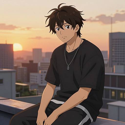 Anime-style digital drawing of a young man with messy black hair, wearing a black shirt and pants, sitting on a rooftop at sunset, cityscape in