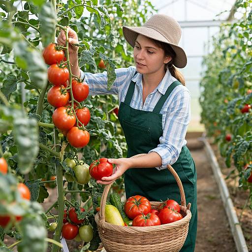 Photograph of a young woman in green apron and straw hat, picking ripe red tomatoes from a lush garden row, holding a wicker basket with