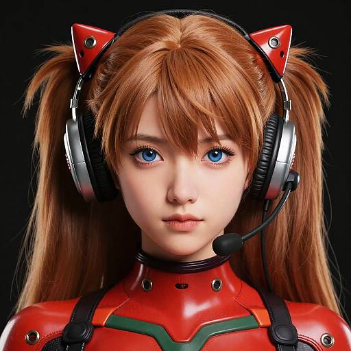 Digital artwork of Asuka Langley Soryu from Neon Genesis Evangelion, with red plugsuit, blue eyes, red hair in twin tails,