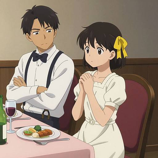 Anime-style drawing of a serious young man in a bow tie and suspenders, and a shy young woman with a yellow hair ribbon, seated at a