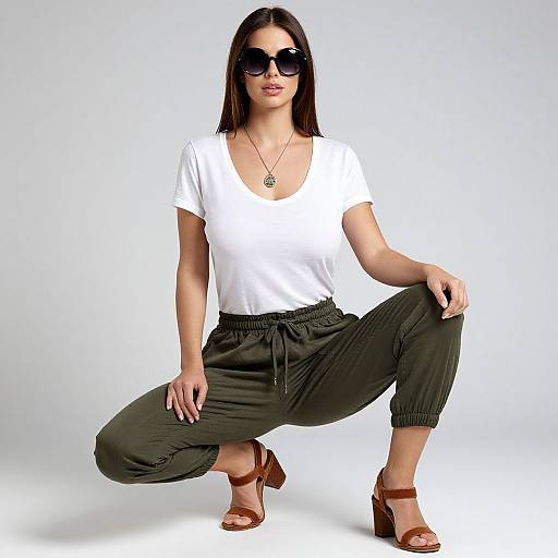 Photograph of a confident woman with straight black hair, wearing a white tee, dark green pants, brown sandals, and black sunglasses, kneeling with a