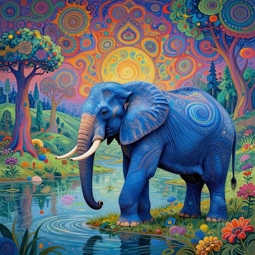 Vibrant digital illustration of a blue, patterned elephant with white tusks standing in a colorful, surreal forest pond at sunset.